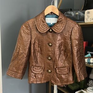 Trina Turk 3/4 Sleeve Fitted Brown Jacket Croc Embossed FABRIC not faux leather!